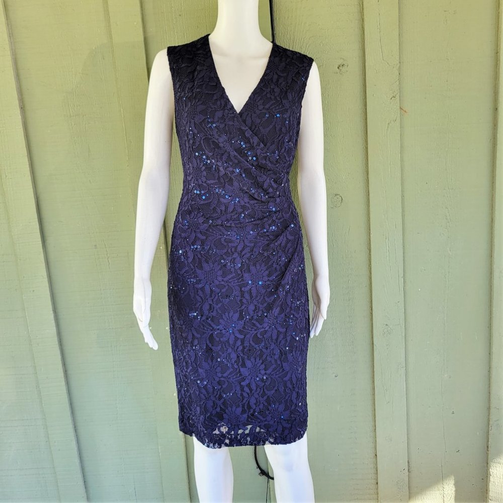 NWT RALPH LAUREN Navy Blue Lace Sequin Stretch Sheath Dress 8